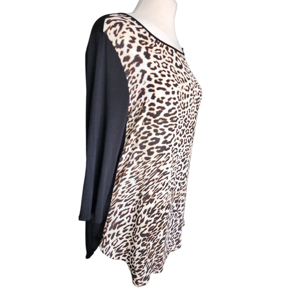 Chico's Leopard Print Tunic Top Size 2 (US 12/L) Black Contrast Sleeves High-Low - Picture 2 of 11